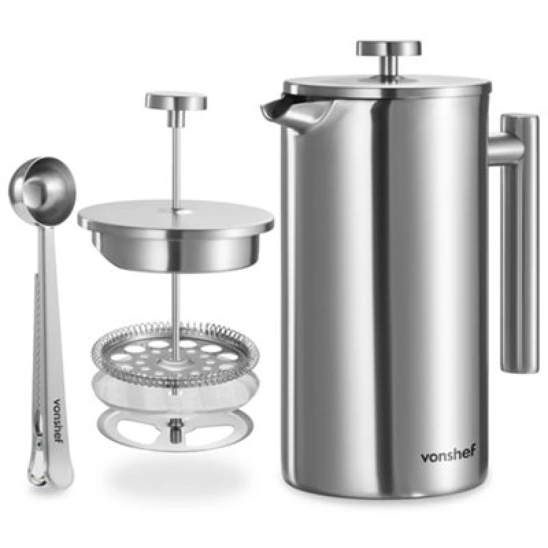 Image of VonShef Double-Walled Stainless Steel w/ Measuring Spoon Cafetiere Silver