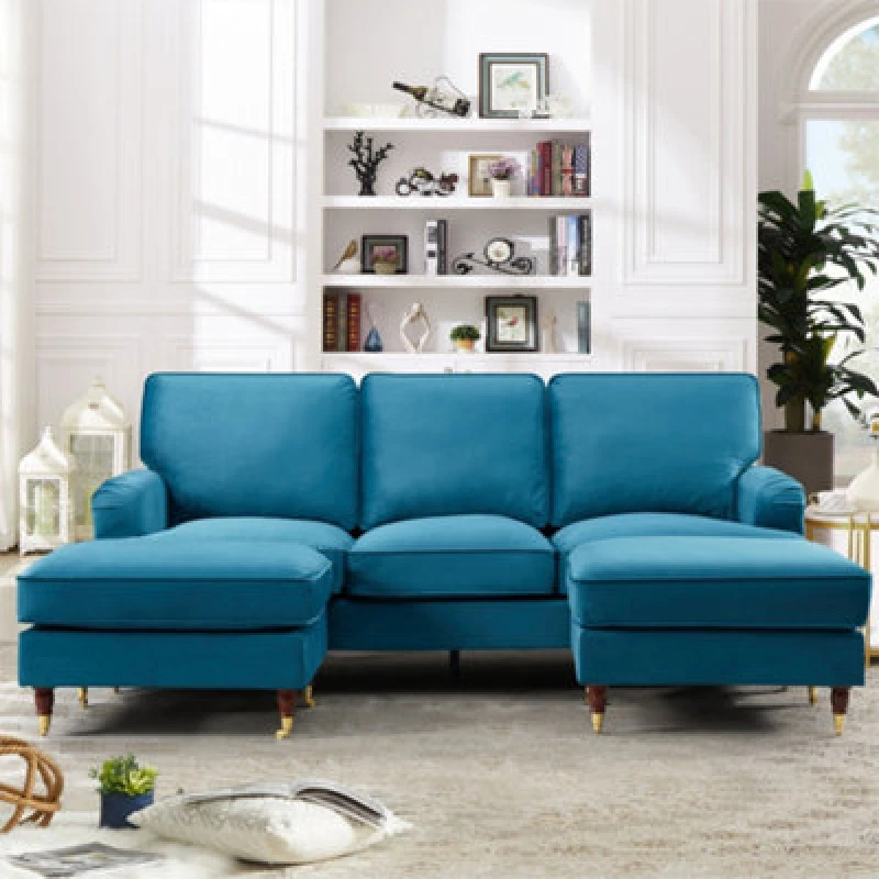 Image of Artemis Home Woodbury 218cm Wide U-Shaped Velvet Fabric Corner Sofa in Teal Teal Unisex