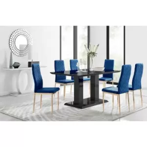 Image of Furniture Box Imperia 6 Black Dining Table and 6 Navy Velvet Milan Gold Leg Chairs