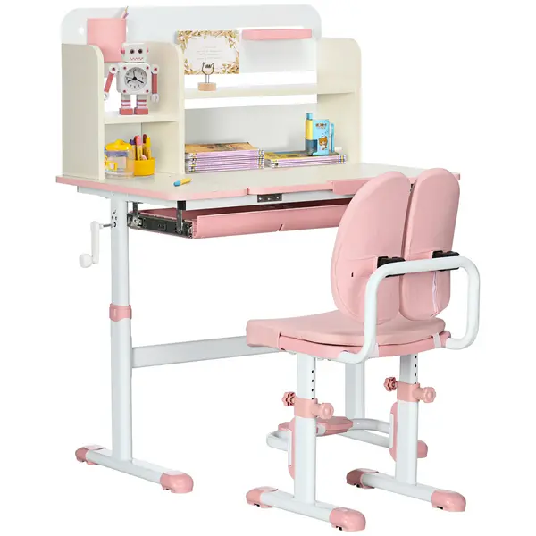 Image of HOMCOM Kids Desk and Chair Set, Height Adjustable Kids School Desk & Chair Set w/ Shelves, Washable Cover, Anti Slip Mat, for Kids 3-12, Pink