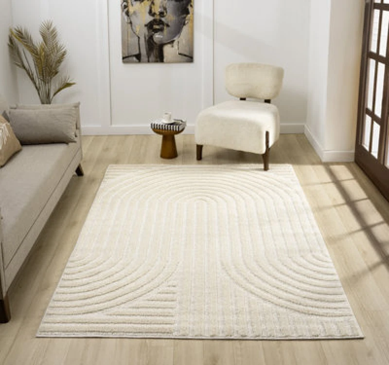 Image of Isabella Living Room Area Rugs - Embossed Mazia Arch Lines Design Cream 120Cm X 170Cm