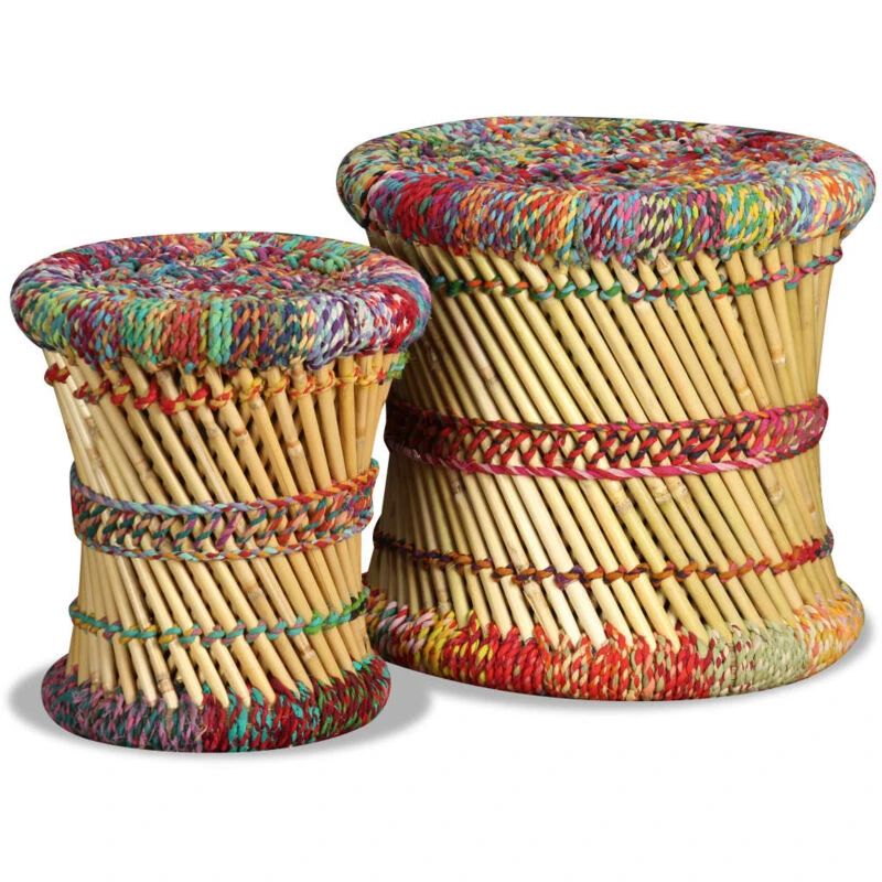 Image of Vidaxl Stools With Chindi Details 2 Pcs Multicolour Bamboo, Multi 244216