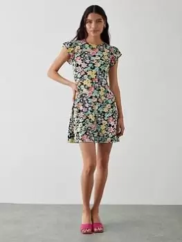 Image of Dorothy Perkins Floral Ruffle Shoulder Mini Dress - Multi, Size 16, Women