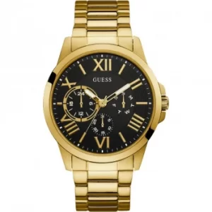 Image of GUESS Gents gold watch with Black Multifunction dial.
