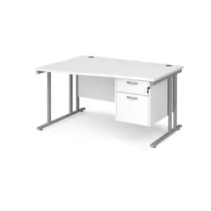 Image of Office Desk Left Hand Wave Desk 1400mm With Pedestal White Top With Silver Frame Maestro 25 MC14WLP2SWH