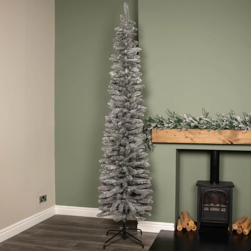 Image of 8ft (2.4m) Grey Artificial Pencil Christmas Tree With Green Metal Stand and 460 Tips