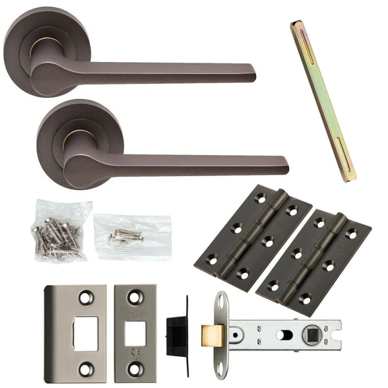 Image of Loops Door Handle & Latch Pack Matt Bronze Slim Rounded Lever Screwless Round Rose Multi