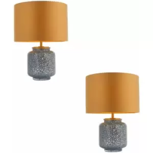 Image of Loops - 2 pack Cobalt Glass Base Table Lamp Light & Gold Fabric Shade - Antique Brass