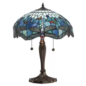 Image of Dragonfly 2 Light Medium Table Lamp Dark Bronze, Blue, Tiffany Style Glass, E27