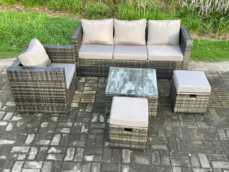 Image of Fimous 5 PCS Outdoor Lounge Sofa Set Wicker PE Rattan Garden Furniture Set with Armchair Squar Coffee Table Dark Grey