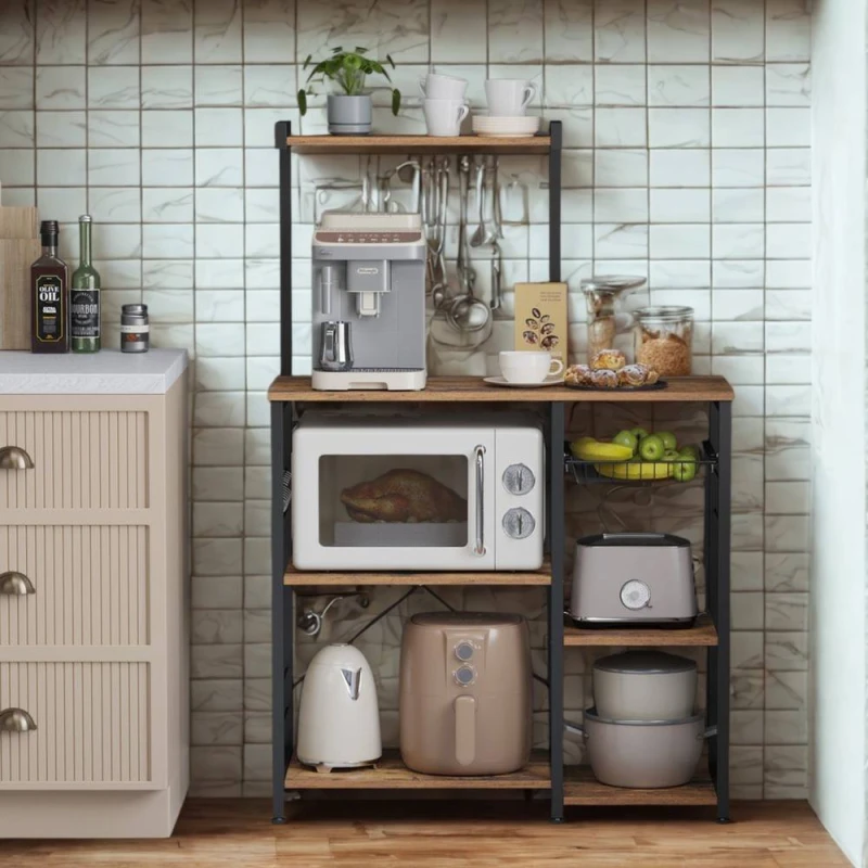 Image of Pirlo Plush Industrial 4 Tier Kitchen Bakers Rack With Storage Shelves in Brown Brown Unisex