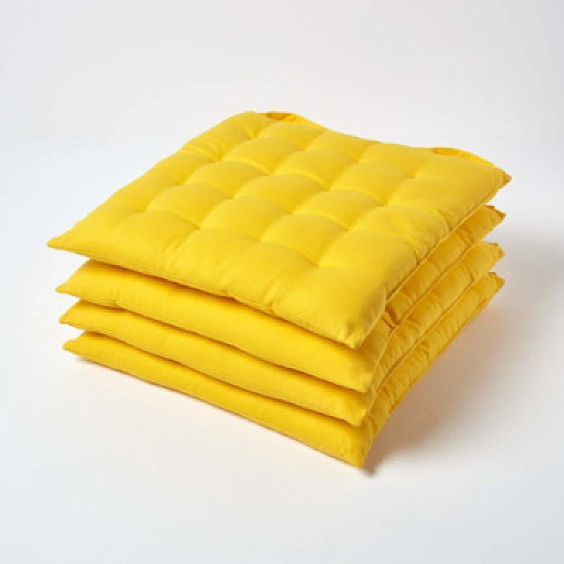 Image of Homescapes Plain Seat Pad with Button Straps, 40 x 40cm, Set of 4 Yellow