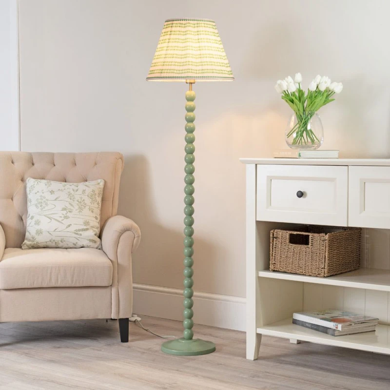 Image of ValueLights Bobbins Sage Green Floor Lamp with Tapered Fabric Pleated Shade Pink