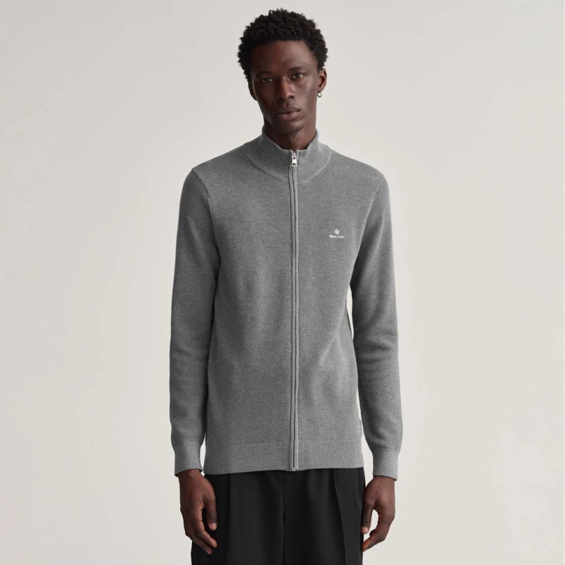 Image of Gant Cotton Piqu Zipped Cardigan Grey male S