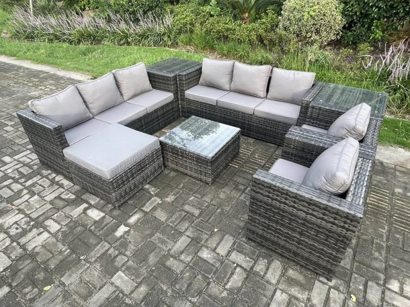 Image of Fimous Rattan Garden Furniture Sofa Set with 2 Armchairs Square Coffee Table Side Table Big Footstool Indoor Side Table Dark Grey