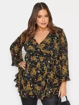 Image of Yours Chain Floral Ruffle Wrap Top - Black, Size 20, Women