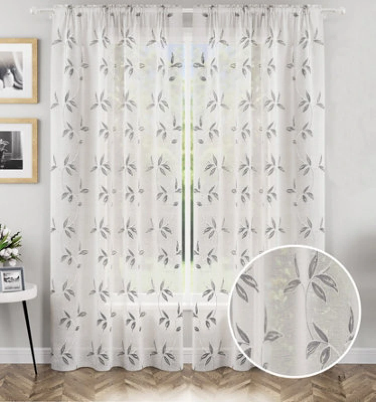 Image of Tyrone Textiles Oasis Embroidered Leaf Design Voile Panels - Pair Grey