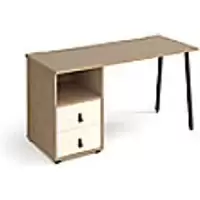 Image of Rectangular A-frame Desk Kendal Oak, White Drawers Wood/Metal A-Frame Legs Charcoal Sparta 1400 x 600 x 730mm