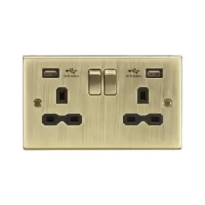 Image of Knightsbridge - 13A 2G Switched Socket Dual usb Charger (2.4A) with Black Insert - Square Edge Antique Brass