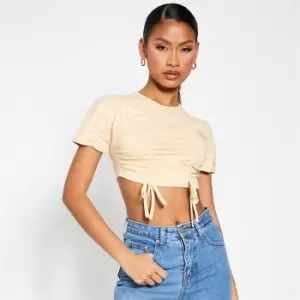 Image of I Saw It First Cotton Ruched High Neck Crop Top - Brown