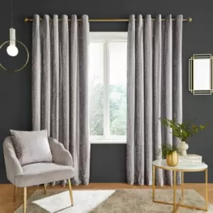 Image of Catherine Lansfield Geo Cut Velvet Deco Lined Eyelet Curtains, Silver, 66 x 90 Inch