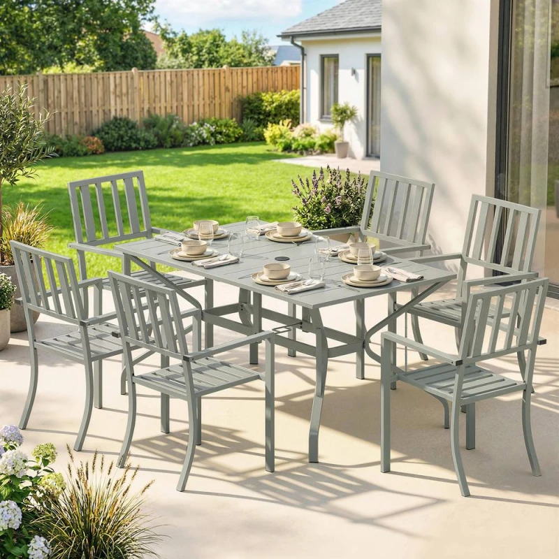 Image of OUTSUNNY 7 Pieces Patio Dining Set with Umbrella Hole for Garden, Light Grey Light Grey Unisex