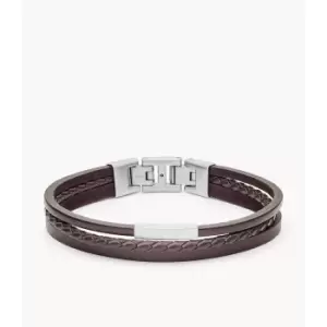 Image of Fossil Mens Multi-Strand Silver-Tone Steel And Brown Leather Bracelet - Brown