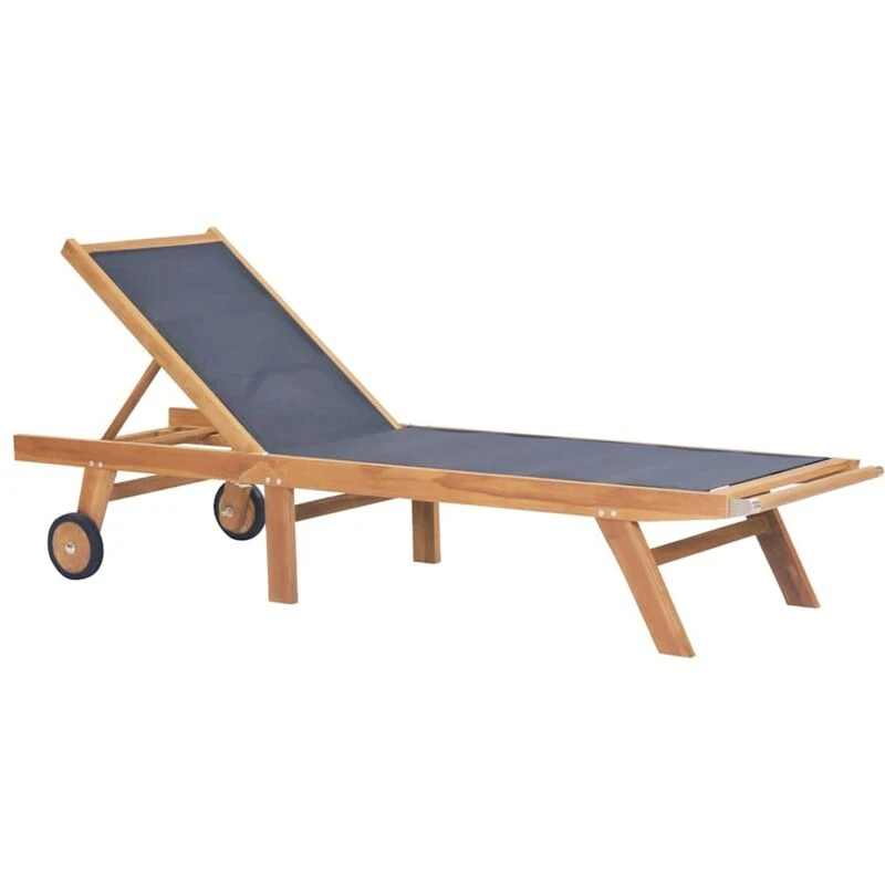 Image of vidaXL Solid Teak and Textilene Folding Sunlounger with Wheels Outdoor Daybed