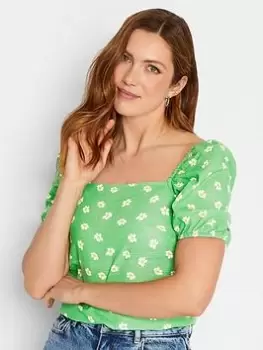 Image of Long Tall Sally Flower Print Linen Top - Green, Size 24, Women