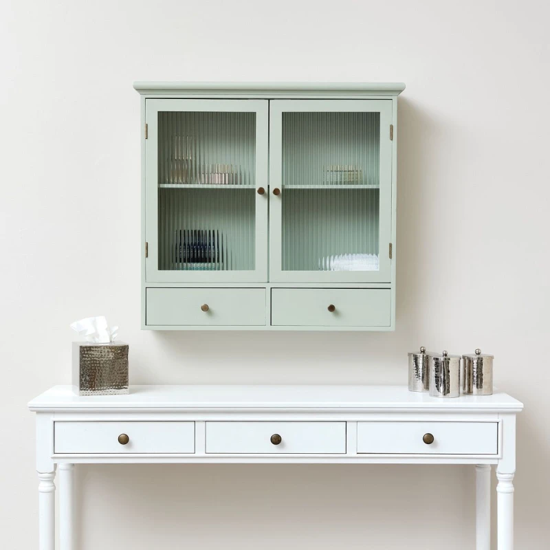 Image of Melody Maison Sage Green Reeded Glass Wall Cabinet With Drawers Green