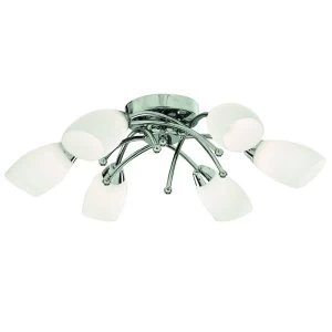 Image of 6 Light Flush Multi Arm Ceiling Light Chrome and Opal Glass, G9