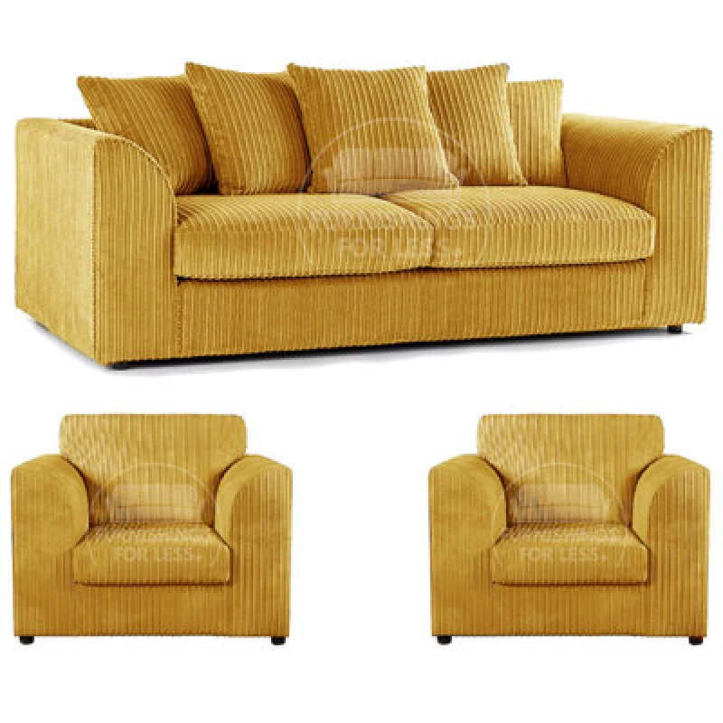 Image of Furnishings For Less UK Luxor Jumbo Cord 3 + 1 + 1 Fabric 3 Piece Sofa Suite - Scatter Back Mustard