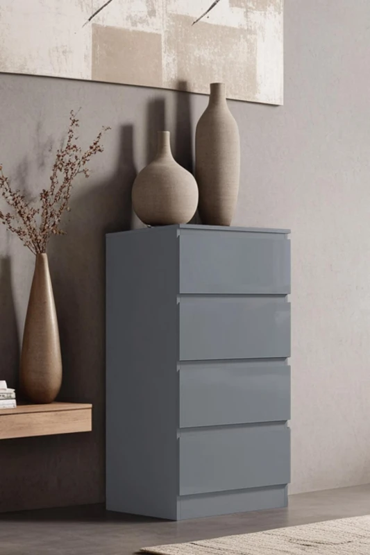 Image of FWStyle Grey Gloss 4 Drawer Chest Of Drawers Bedroom Storage Furniture Grey