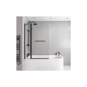 Image of Zibal Hinged with Fixed Panel 1450mm 6mm Matt Black Bath Screen with Towel Rail
