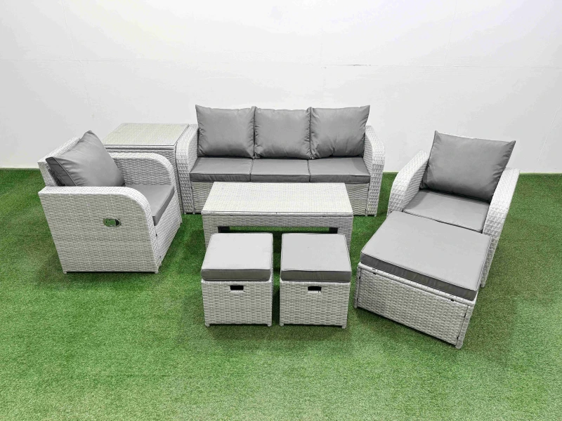 Image of Fimous PE Rattan Garden Furniture Set Reclining Chair Sofa Lounge Sofa Set Rectangular Coffee Table Side Table 3 Stools Light Grey Light Grey