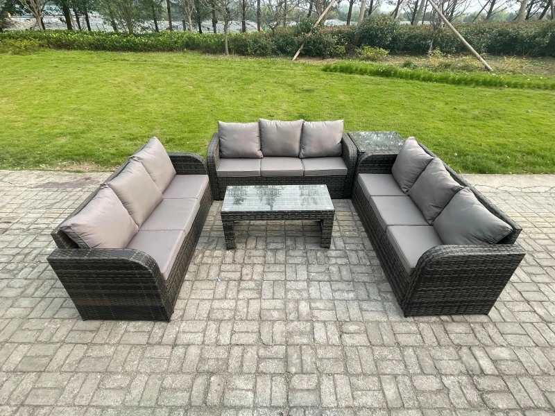 Image of Fimous Outdoor Lounge Sofa Set Rattan Garden Furniture Set with Rectangular Coffee Table Side Table 3 Seater Sofa Dark Grey Mixed Dark Grey