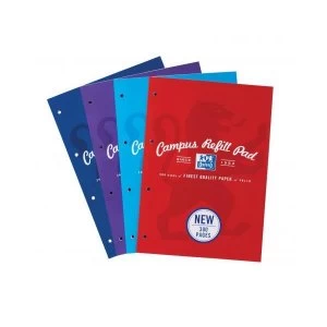 Image of Oxford A4 Campus 300 Pages 90gsm 4 Hole Punched Ruled Margin Refill Pad Assorted Colours Pack of 3