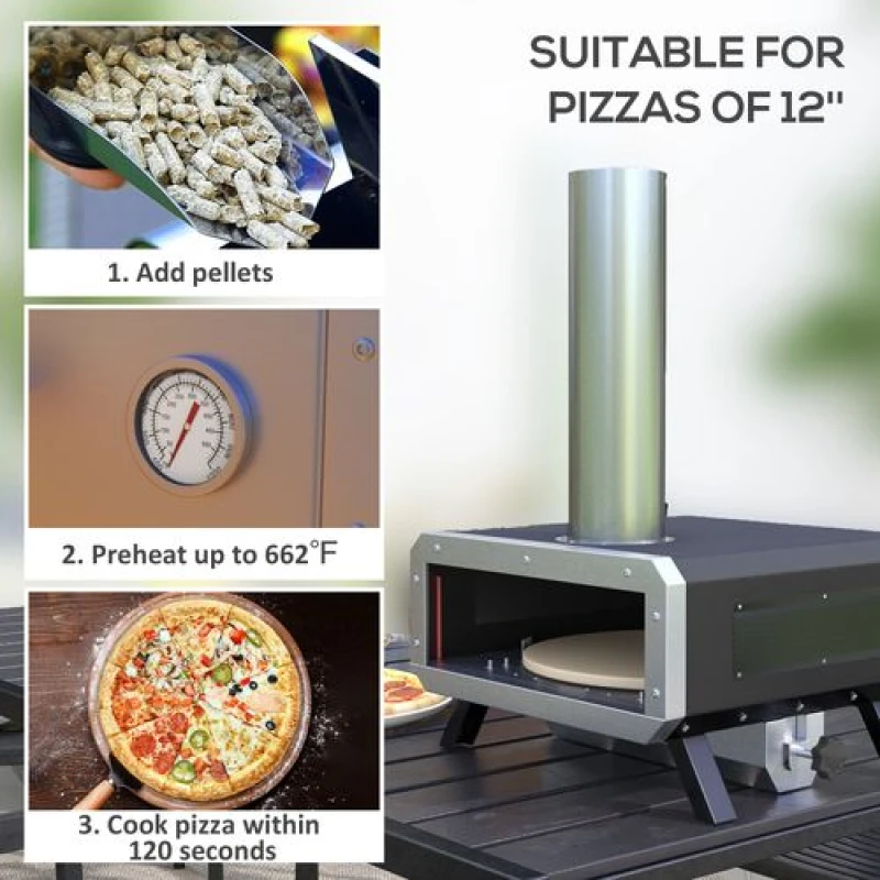 Image of Outsunny Wood Fired Pizza Oven with Rotating Pizza Stone and Cover, Black - Outsunny 5056725520625