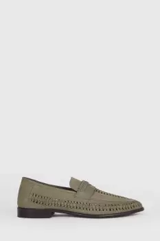Image of Khaki Leather Basket Weave Loafers