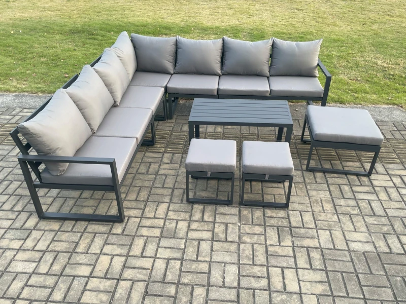 Image of Fimous Aluminium Outdoor Garden Furniture Set Lounge Corner Sofa Oblong Coffee Table Sets with 3 Footstools Dark Grey Dark Grey Unisex