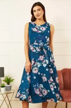 Image of Teal Watercolour Floral Skater Dress