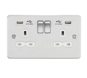 Image of KnightsBridge 13A 2G switched socket with dual USB charger A + A (2.4A) - Brushed chrome with white insert