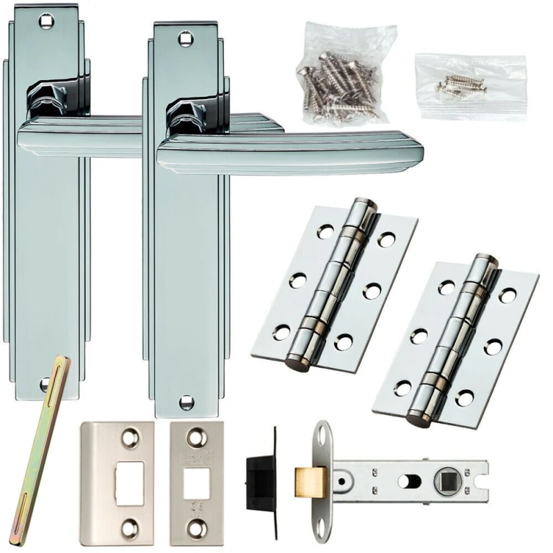 Image of Loops Door Handle & Latch Pack Chrome Art Deco Premium Lever on Backplate 205 x 45mm Multi
