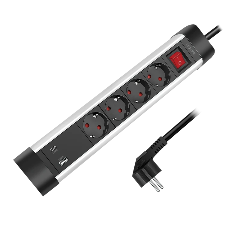 Image of LogiLink Outlet Strip. 4 safety sockets. w/ USB-A & USB-C Port. al