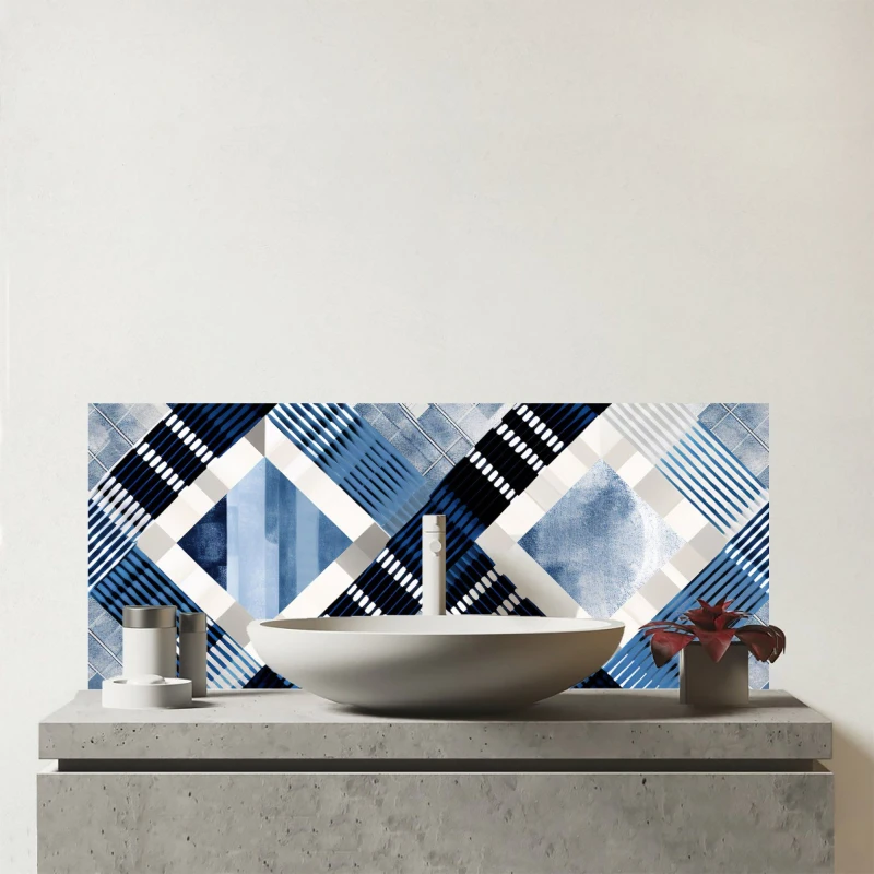 Image of Warren Reed - Designer Checkered Square Black & Blue Glass Bathroom Splashback Blue Unisex