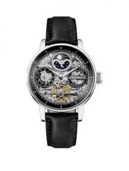 Image of Ingersoll Ingersoll The Jazz Silver Skeleton Moonphase Automatic Dial Black Leather Strap Watch