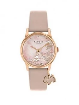Image of Radley Pink Mother Of Pearl Floral Dialwith Dog Charm And Lilac Leather Strap Ladies Watch