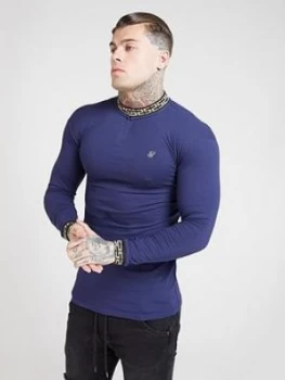 Image of SikSilk Long Sleeve Chain Rib Collar Cuff Polo Shirt - Navy Size M Men