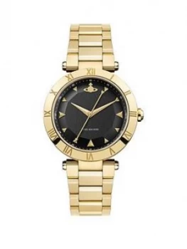 Image of Vivienne Westwood Montagu Black and Gold Detail Dial Gold Stainless Steel Bracelet Ladies Watch, One Colour, Women