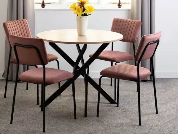 Image of Seconique Sheldon Sonoma Oak Dining Table and 4 Pink Velvet Chairs